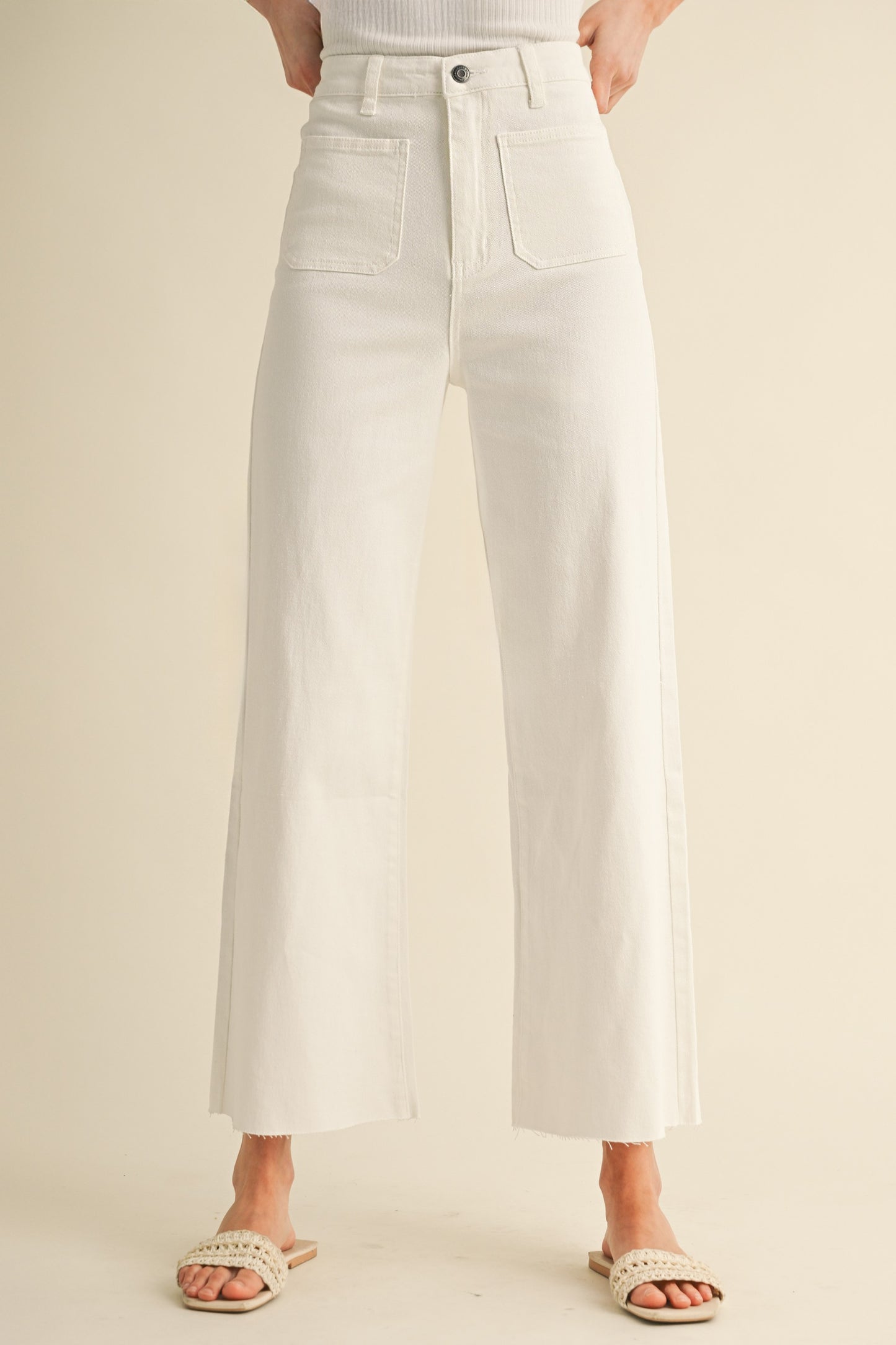 Front Two Pocket Stretch Wide Leg Denim Jeans - White