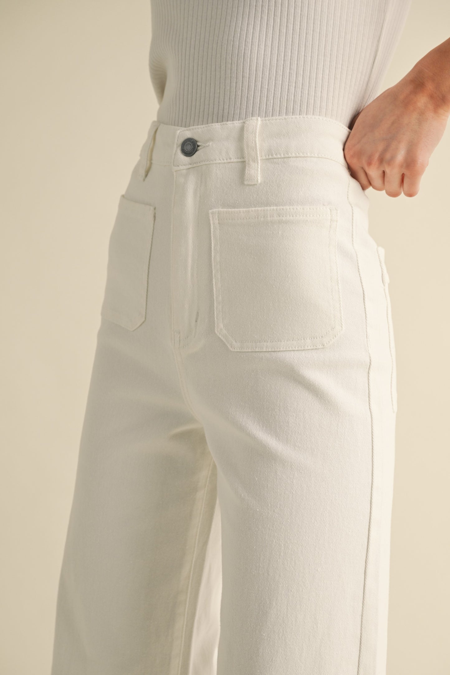 Front Two Pocket Stretch Wide Leg Denim Jeans - White