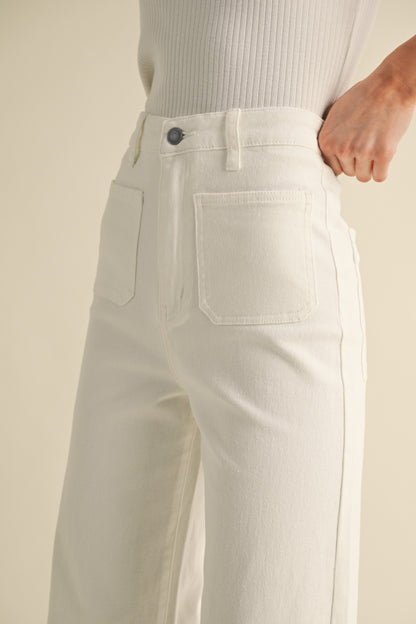 Front Two Pocket Stretch Wide Leg Denim Jeans - White