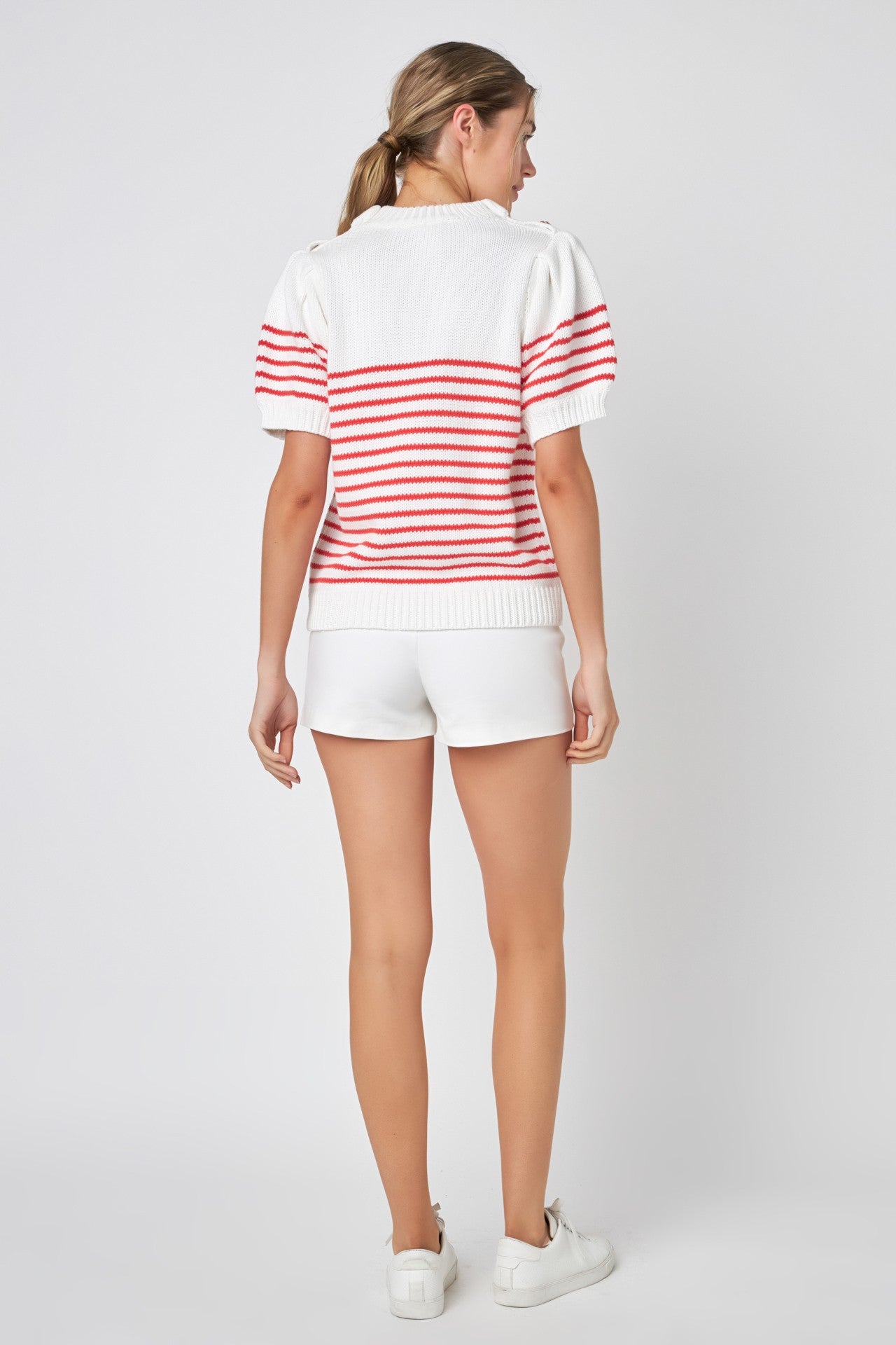 Striped Short Sleeve Sweater With Buttons