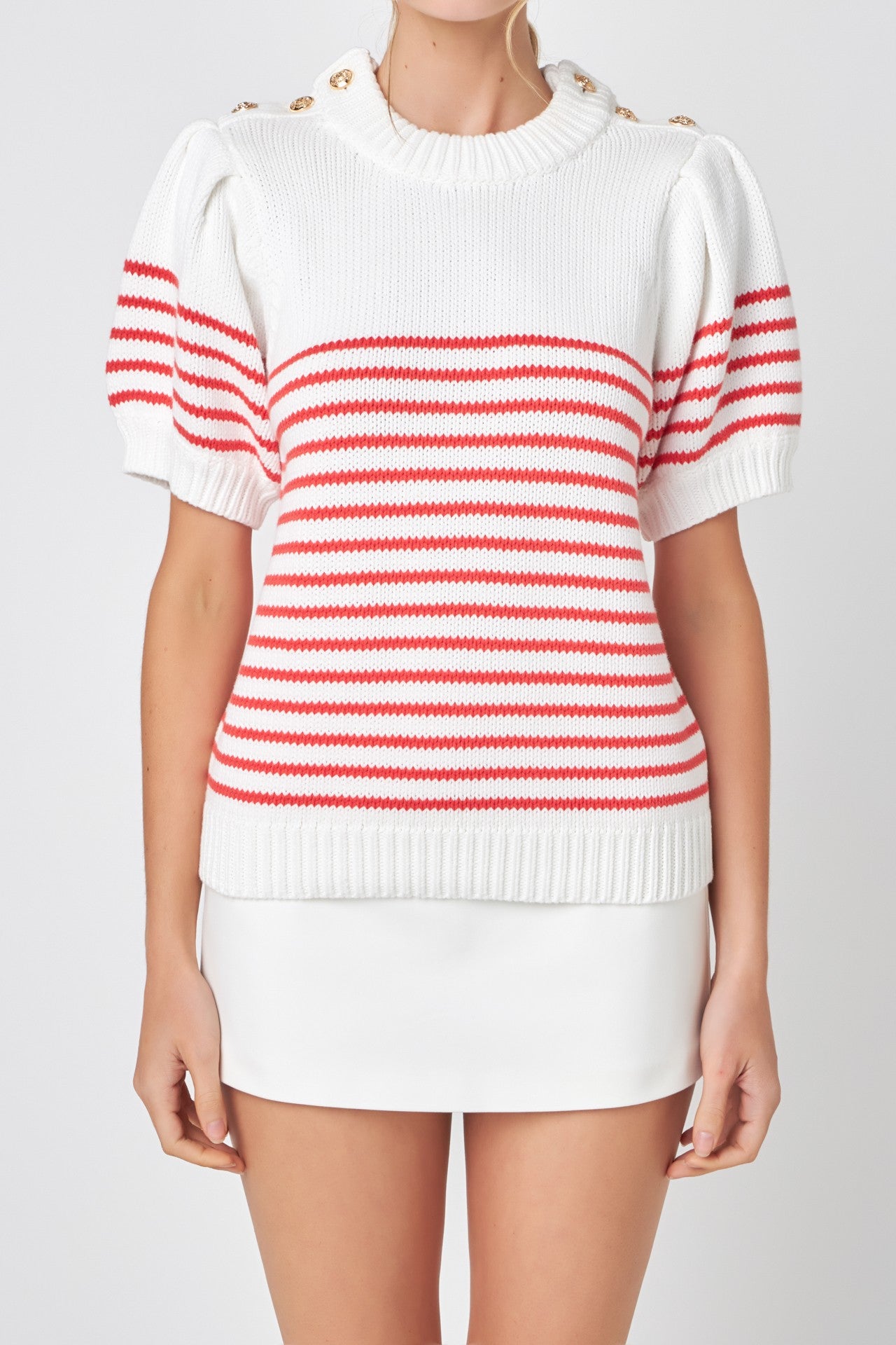 Striped Short Sleeve Sweater With Buttons
