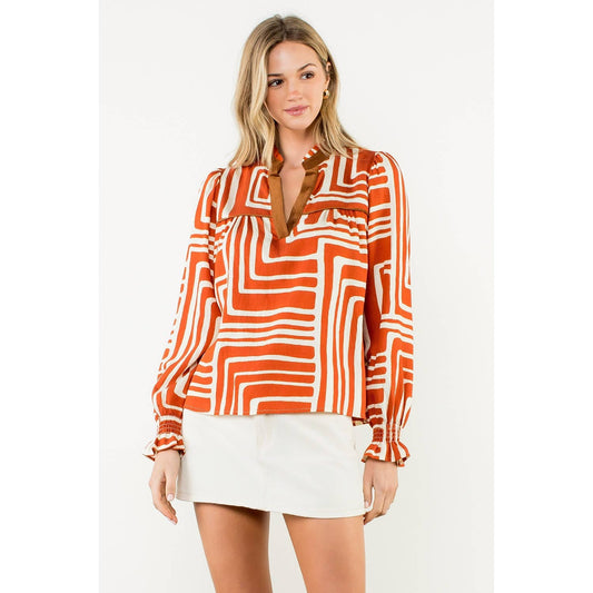 Abstract Print Long Sleeve V-Neck Top - Rust