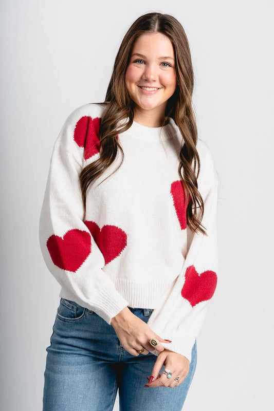 Long Sleeve Crew Neck Heart Sweater - Cream/Red