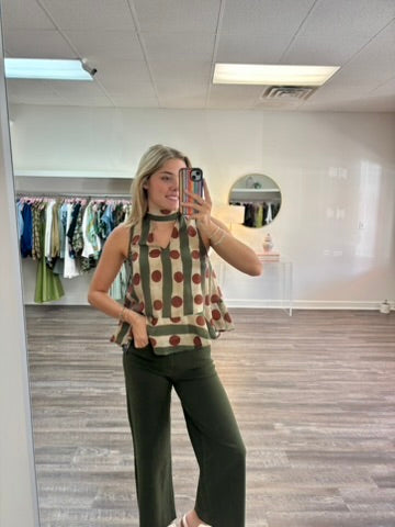 Scarf Detail Printed Sleeveless Top - Olive