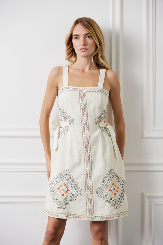 Wrenna Embroidered Strappy Mini Dress - Cream Multi