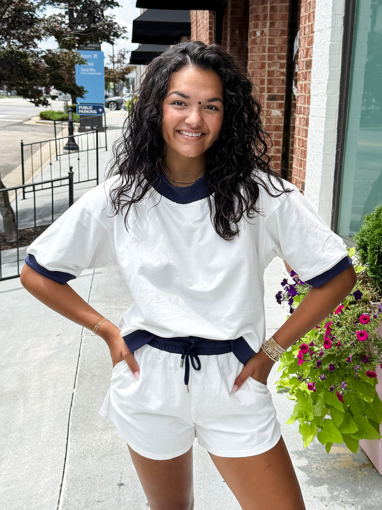 Mockneck Colorblock Short Sleeve Sweatshirt - Off White/Navy