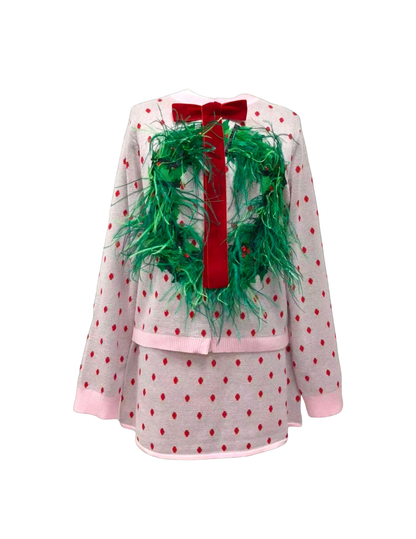 Queen of Sparkles Light Pink & Red Polka Dot Wreath Neck Knit Sweater