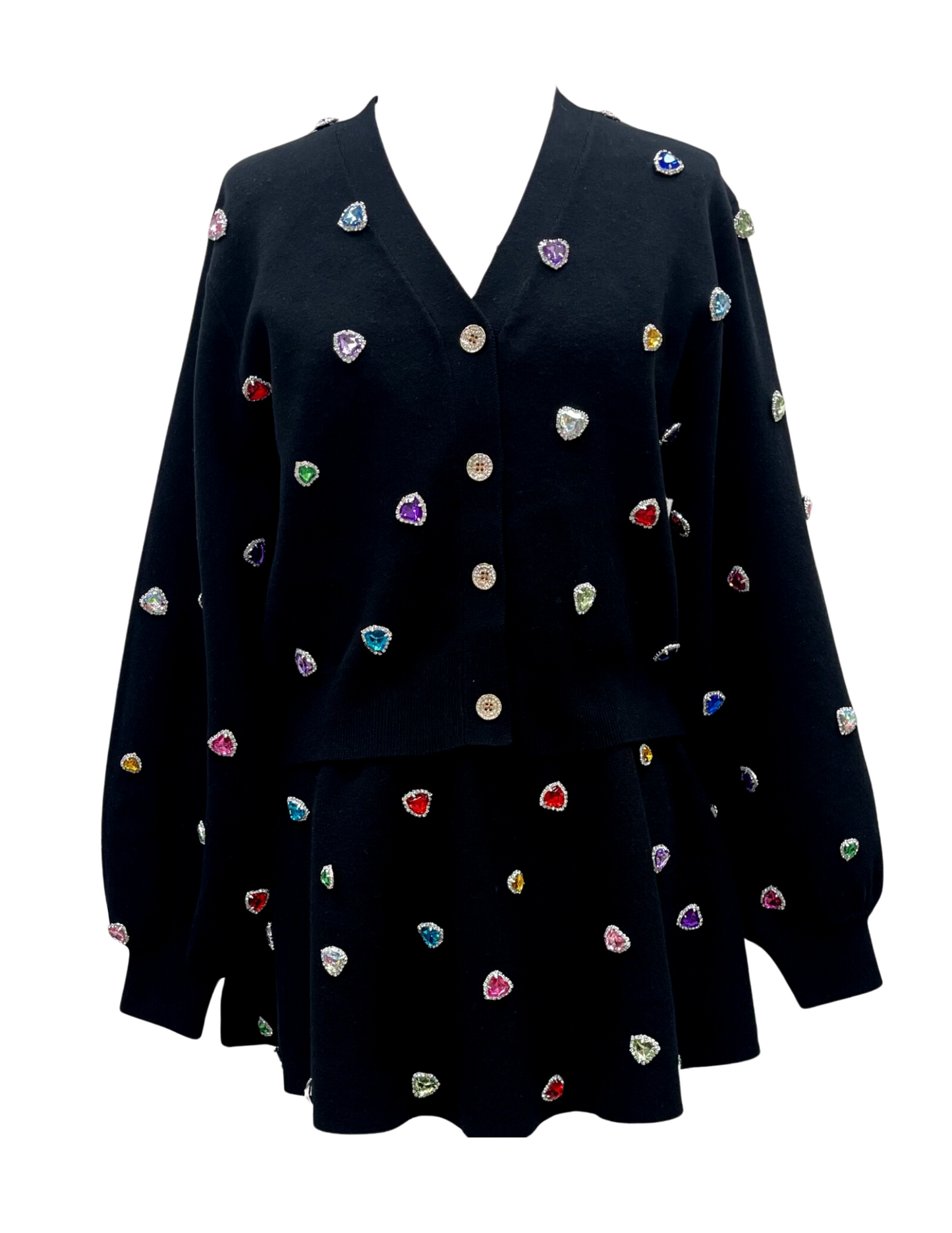 Queen of Sparkles Black Button Up Multi Jeweled Heart Cardigan