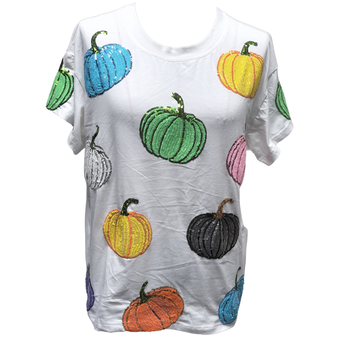 Queen of Sparkles White Multi Pumpkin Tee Shirt