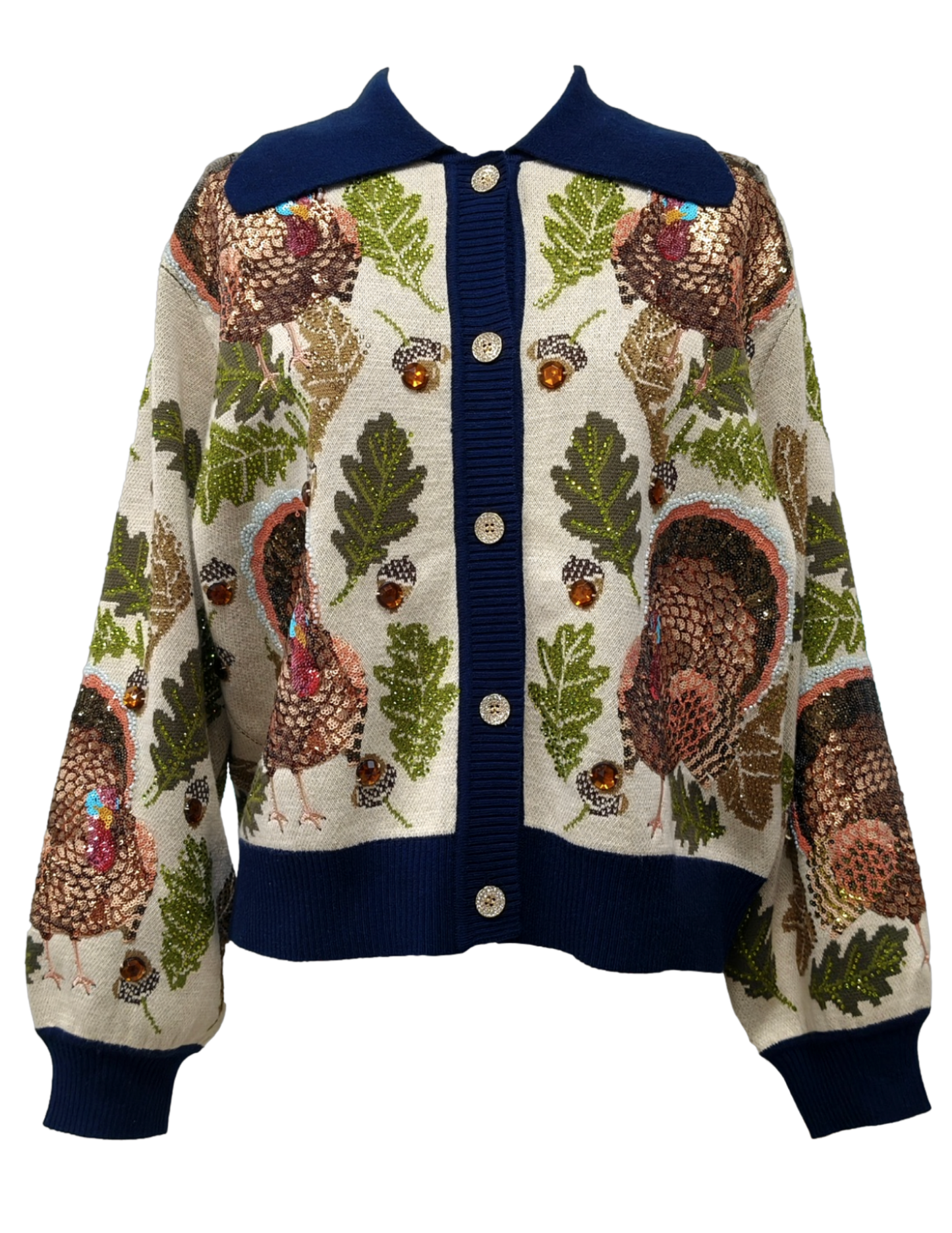 Queen of Sparkles Navy Trim Button Up Turkey, Leaf & Acorn Button Up Cardigan