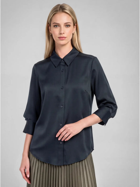 Satin 3/4 Sleeve Button-Down Shirt - Dark Navy