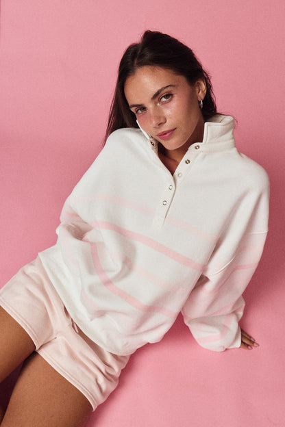 Striped Mock Neck Pullover - White/Pink
