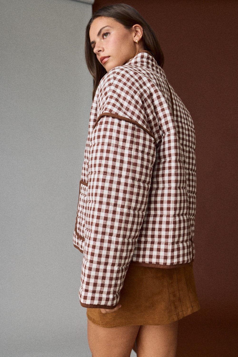 Gingham Quilted Jacket - Brown
