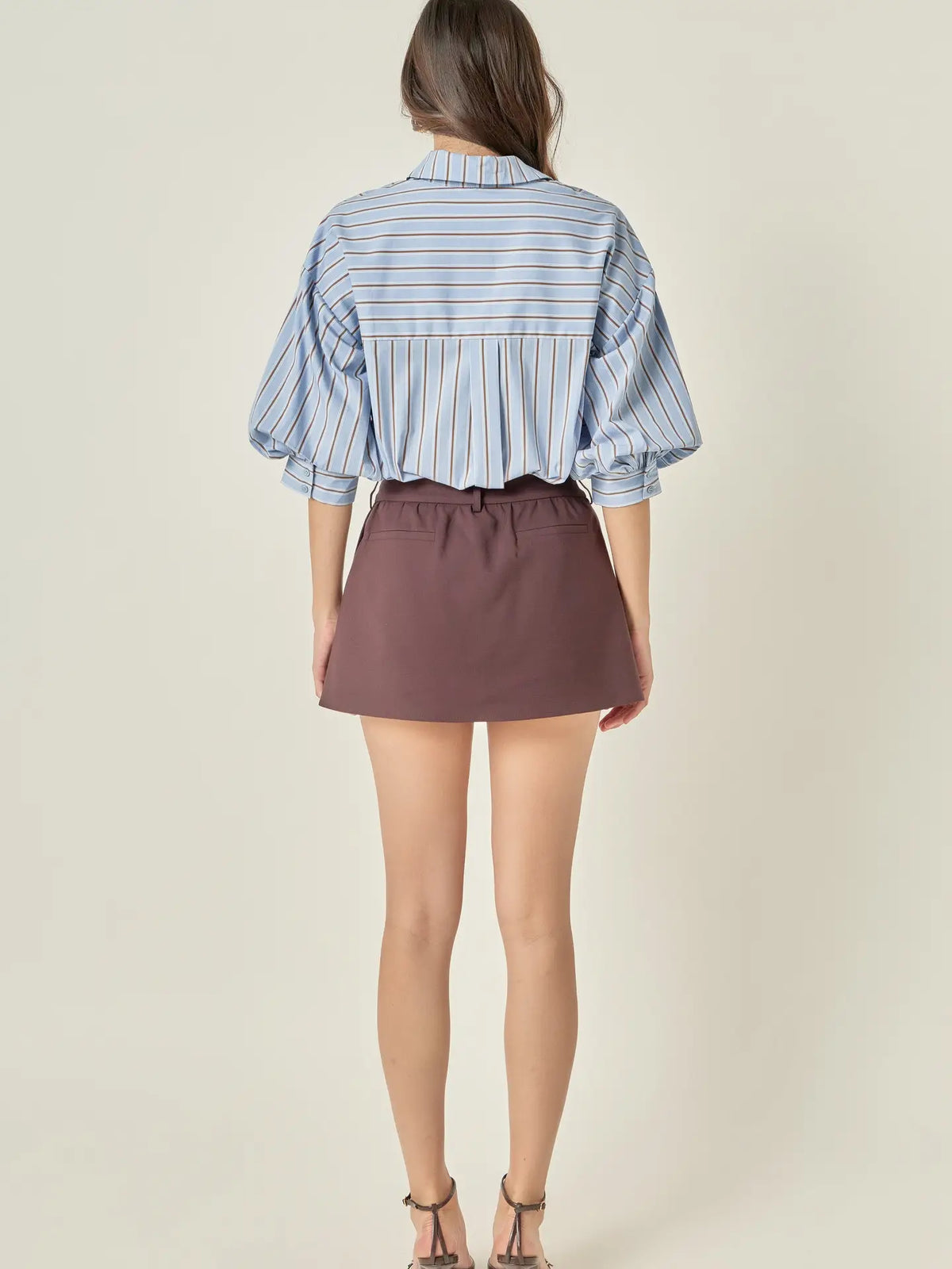 Striped Balloon Sleeve Shirt - Dusty Blue