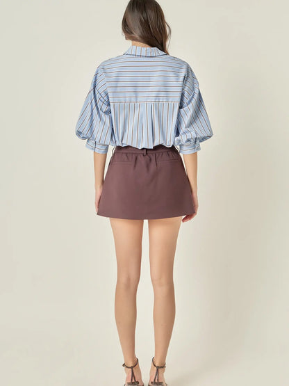 Striped Balloon Sleeve Shirt - Dusty Blue