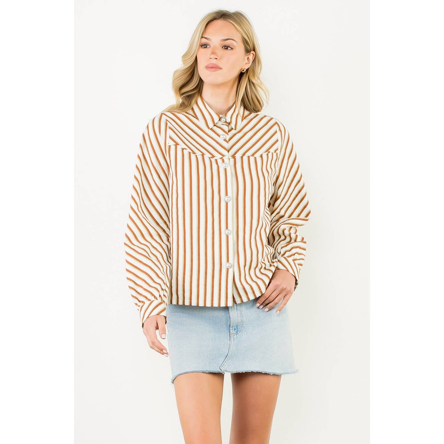 Pearl Button Long Sleeve Stripe Top - Brown