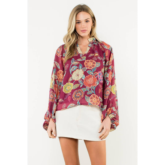 Pleated Collar Floral Long Sleeve Top - Burgundy