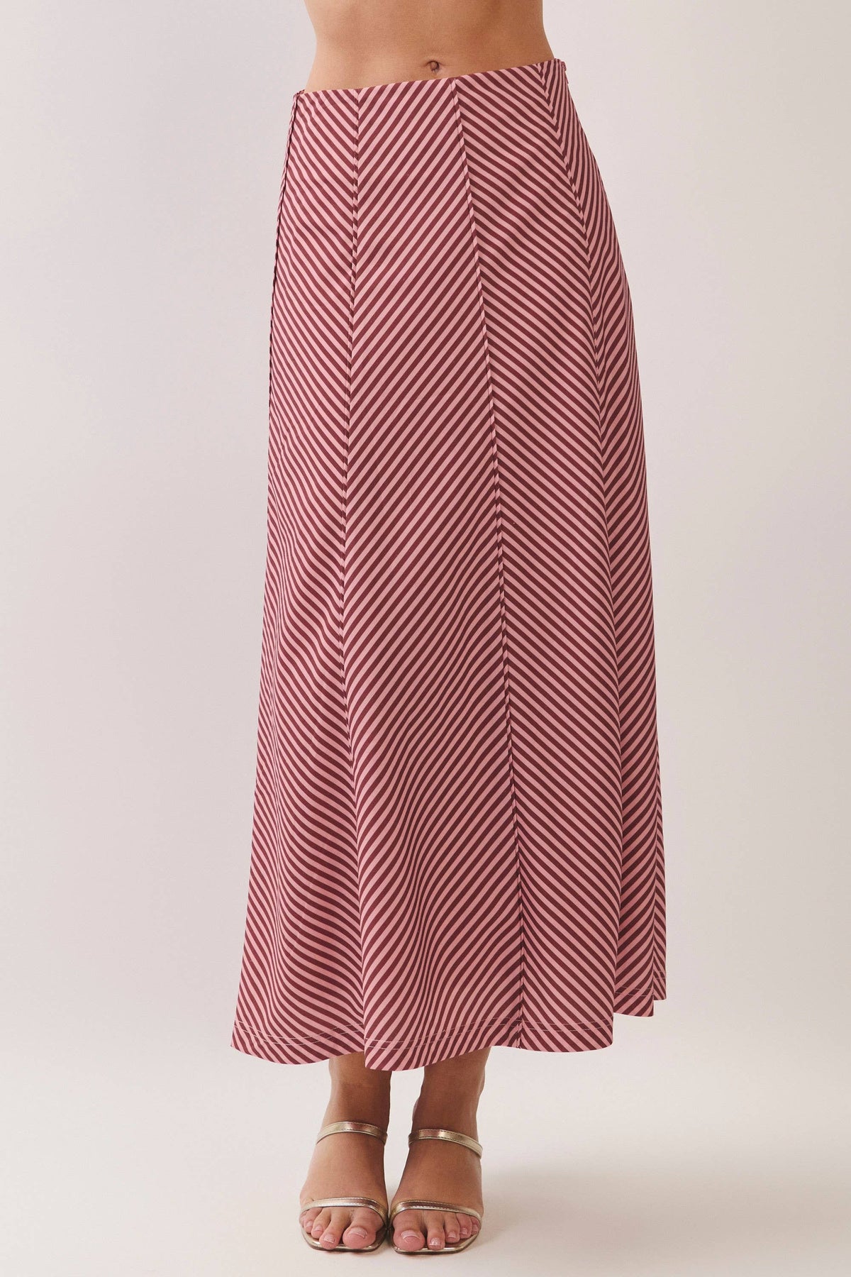Bias Stripe A-Line Midi Skirt - Rust