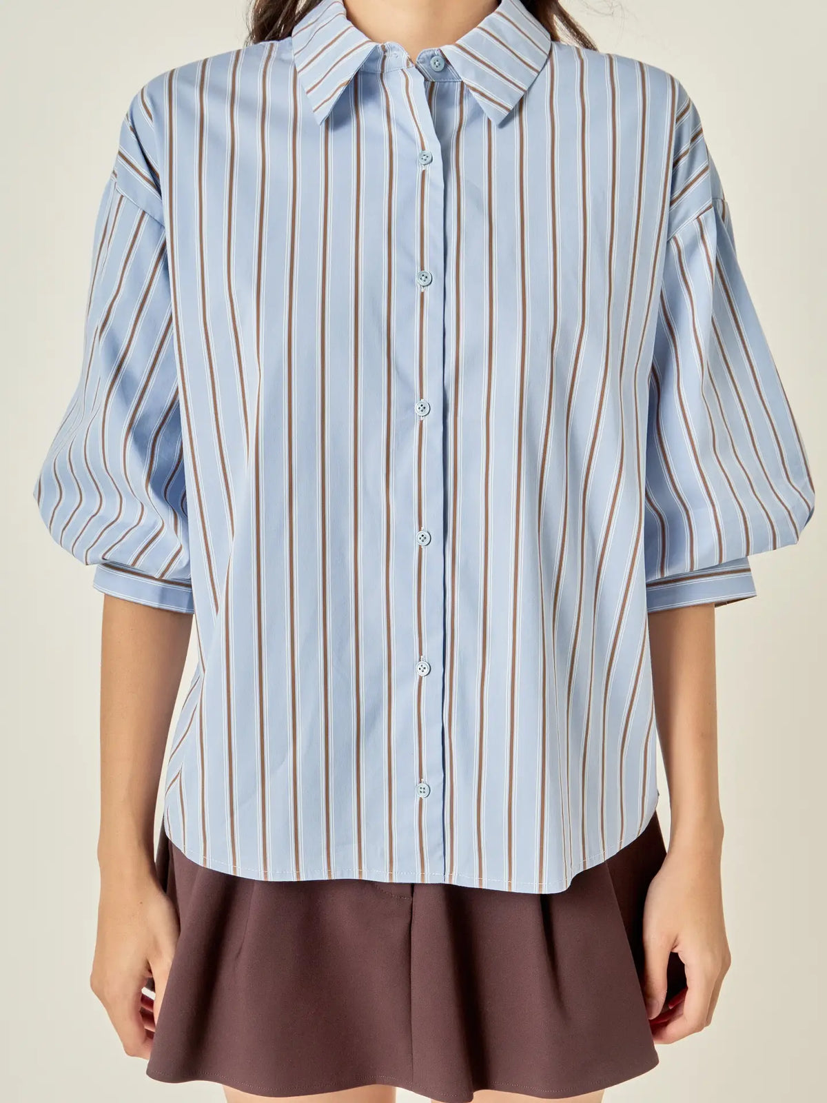 Striped Balloon Sleeve Shirt - Dusty Blue