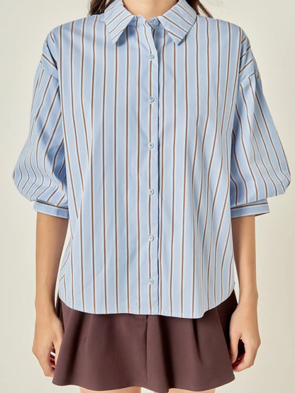 Striped Balloon Sleeve Shirt - Dusty Blue