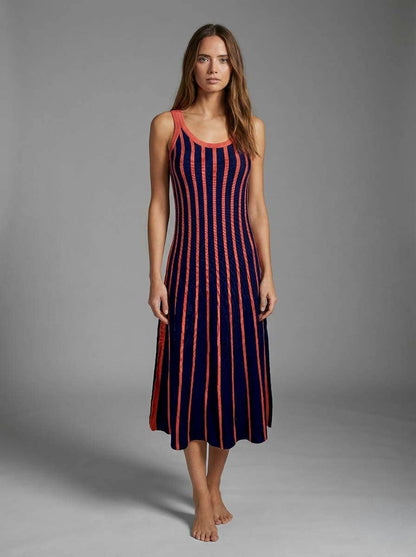 Striped Knit Midi Dress - Navy/Rust