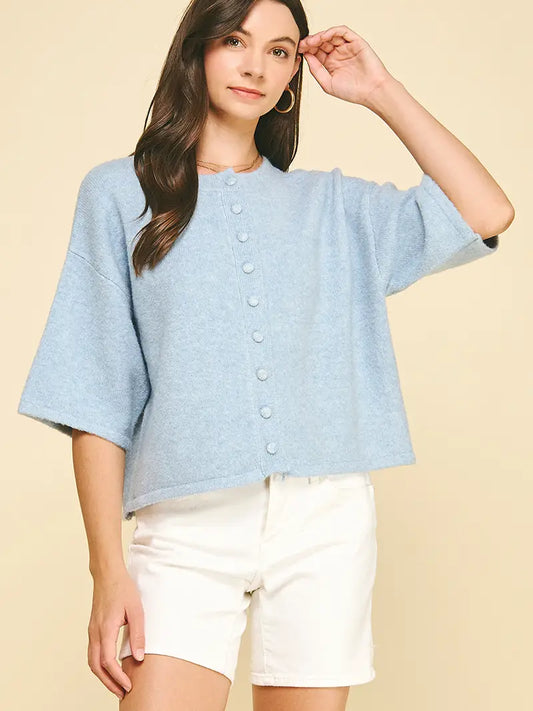 Button Down Short Sleeve Sweater - Baby Blue