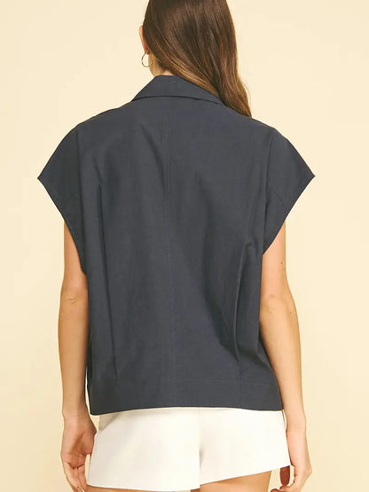 Solid Cap Sleeve Blouse Top - Navy
