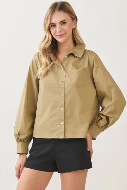 Ruffled High-Neck Button Down Shirt - Khaki