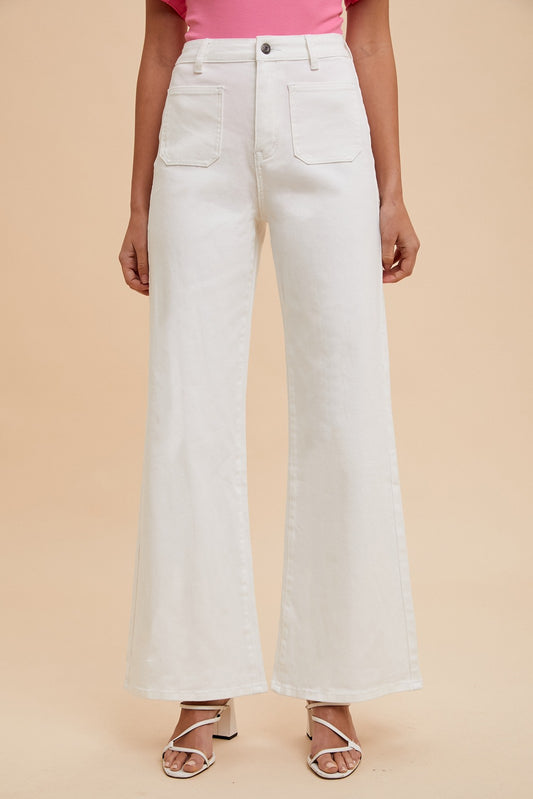 Front Two Pocket Stretch Wide Leg Denim Jeans - White