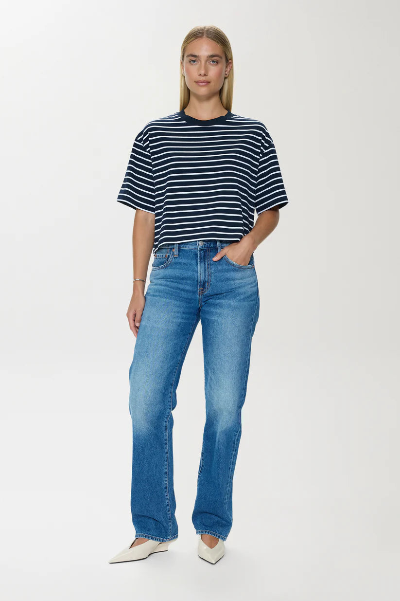 Mae Cropped Tee Shirt - Navy/White Stripe