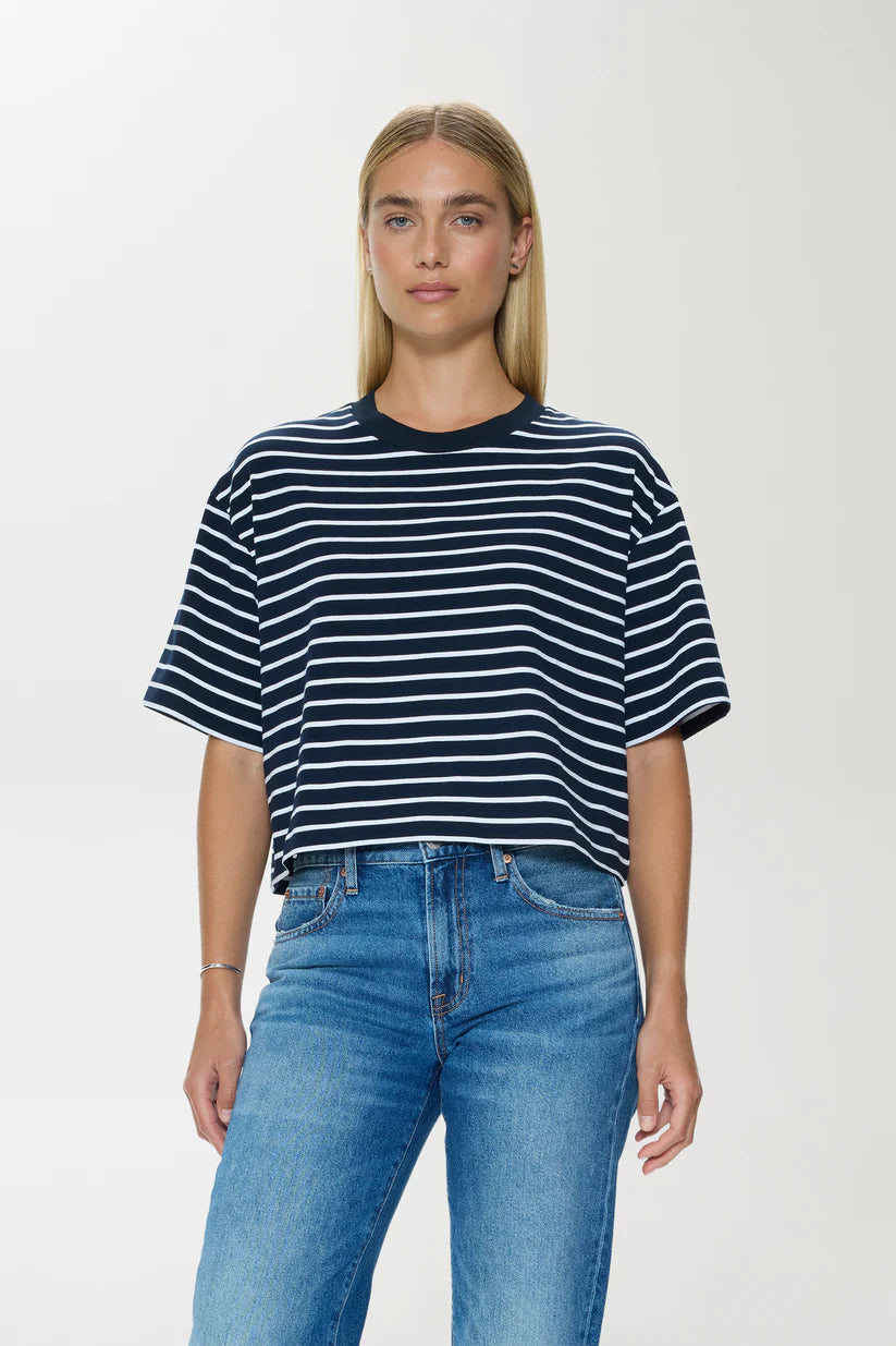 Mae Cropped Tee Shirt - Navy/White Stripe