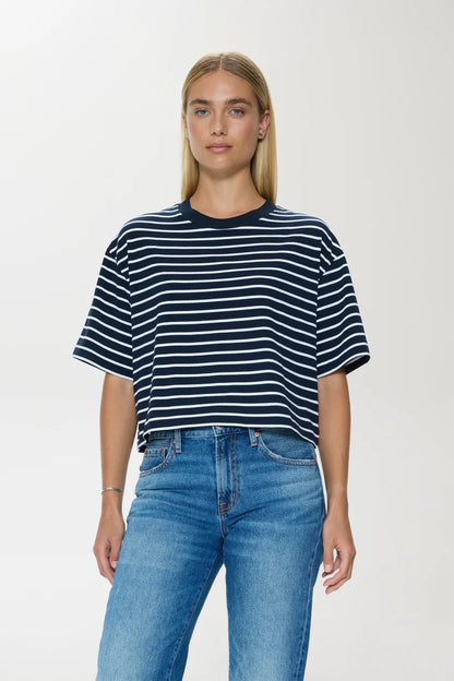 Mae Cropped Tee Shirt - Navy/White Stripe