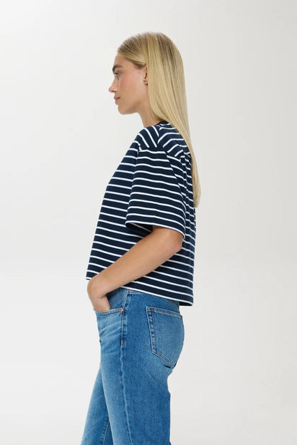 Mae Cropped Tee Shirt - Navy/White Stripe