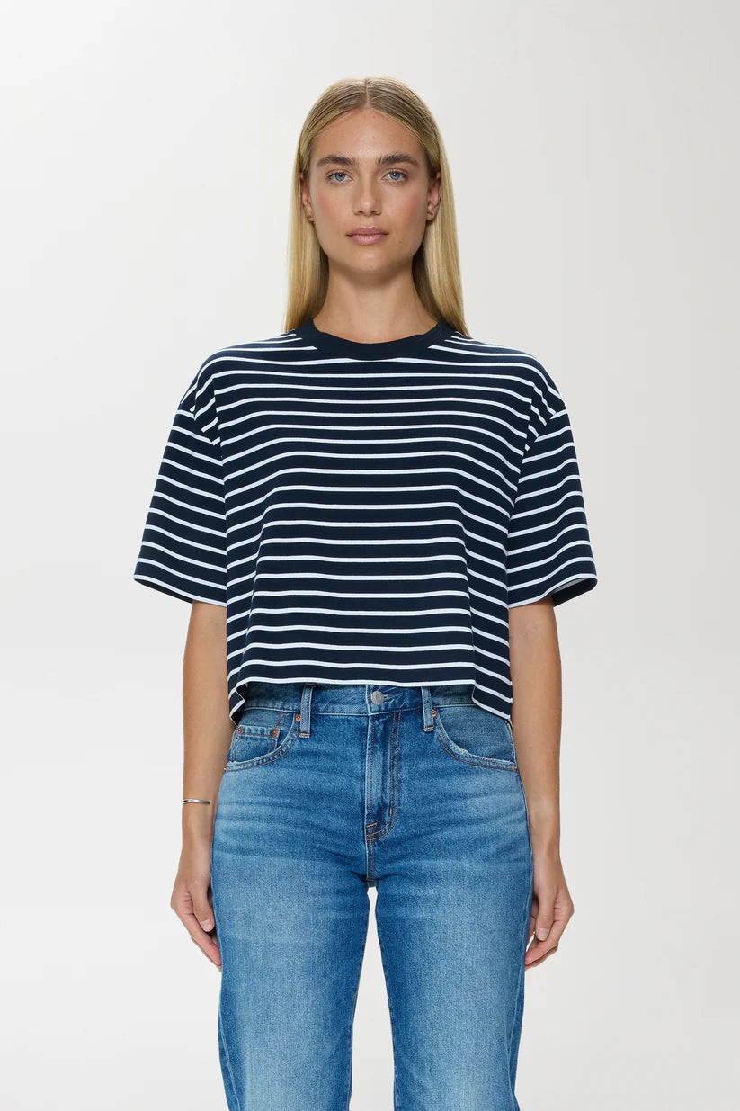 Mae Cropped Tee Shirt - Navy/White Stripe