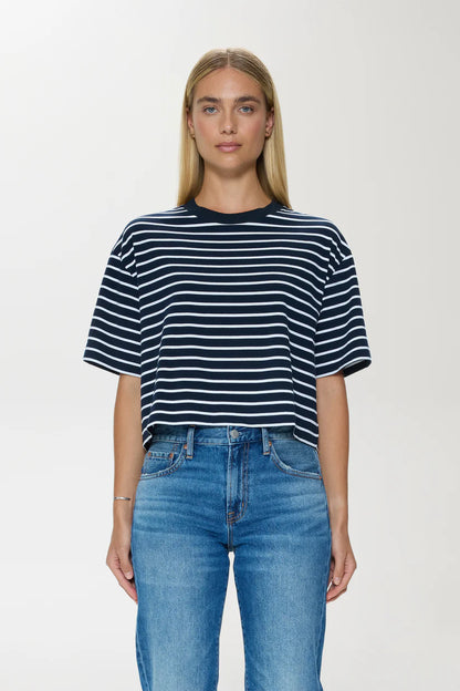 Mae Cropped Tee Shirt - Navy/White Stripe