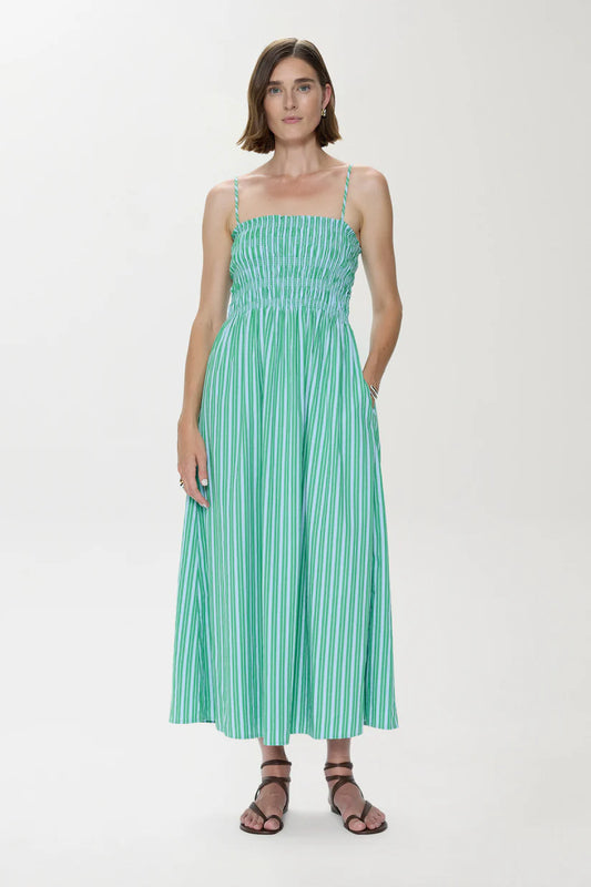 Bianca Shirred Bodice Dress - Green/Blue Stripe