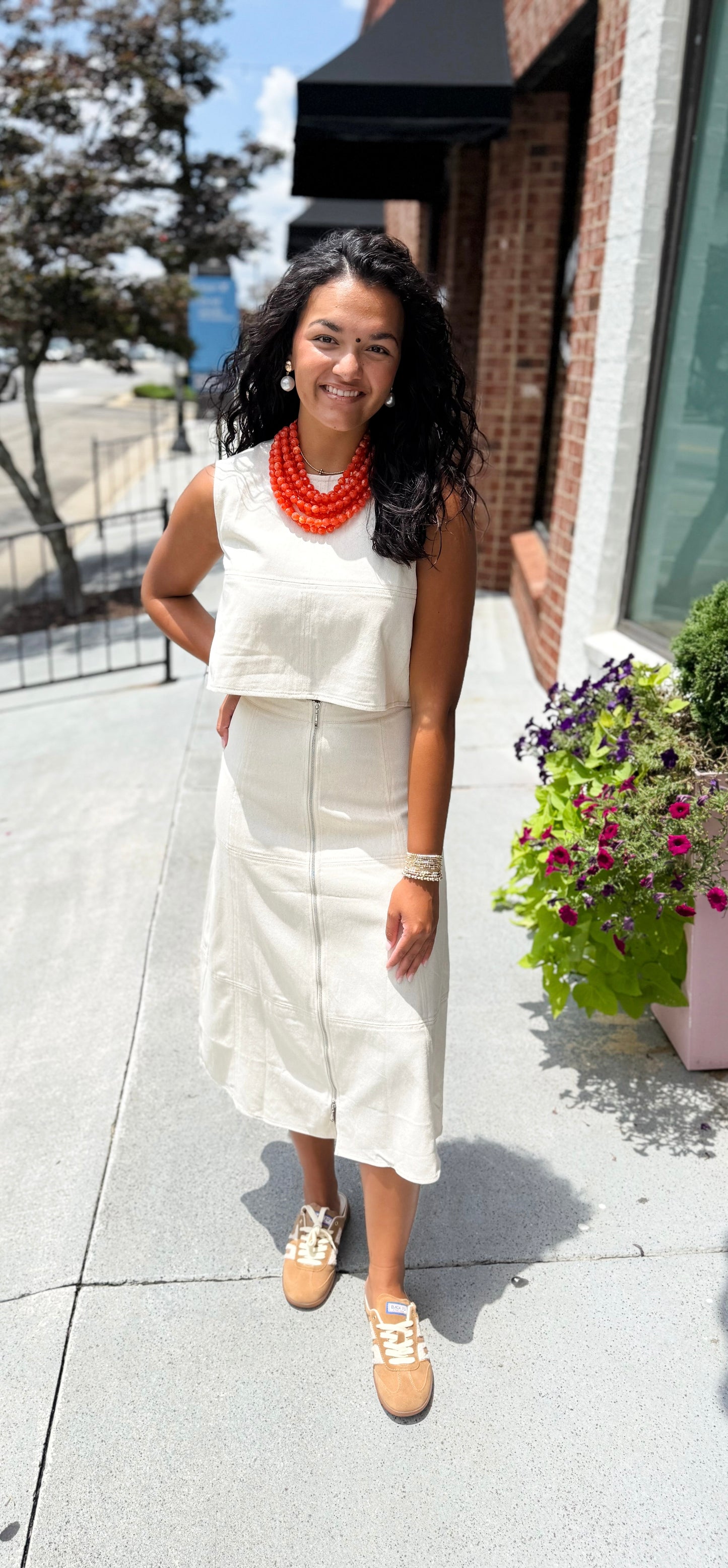 Front Zip Denim Midi Skirt - Oatmeal