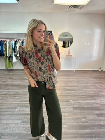 Floral Short Puff Sleeve Top - Camel