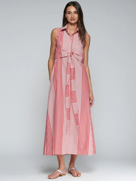 Striped Tie Front Shirt Dress - Red