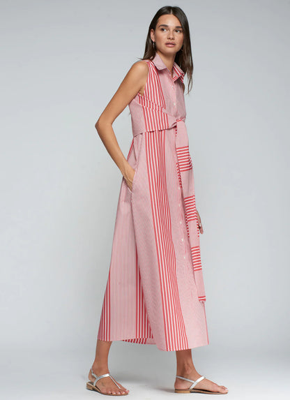 Striped Tie Front Shirt Dress - Red