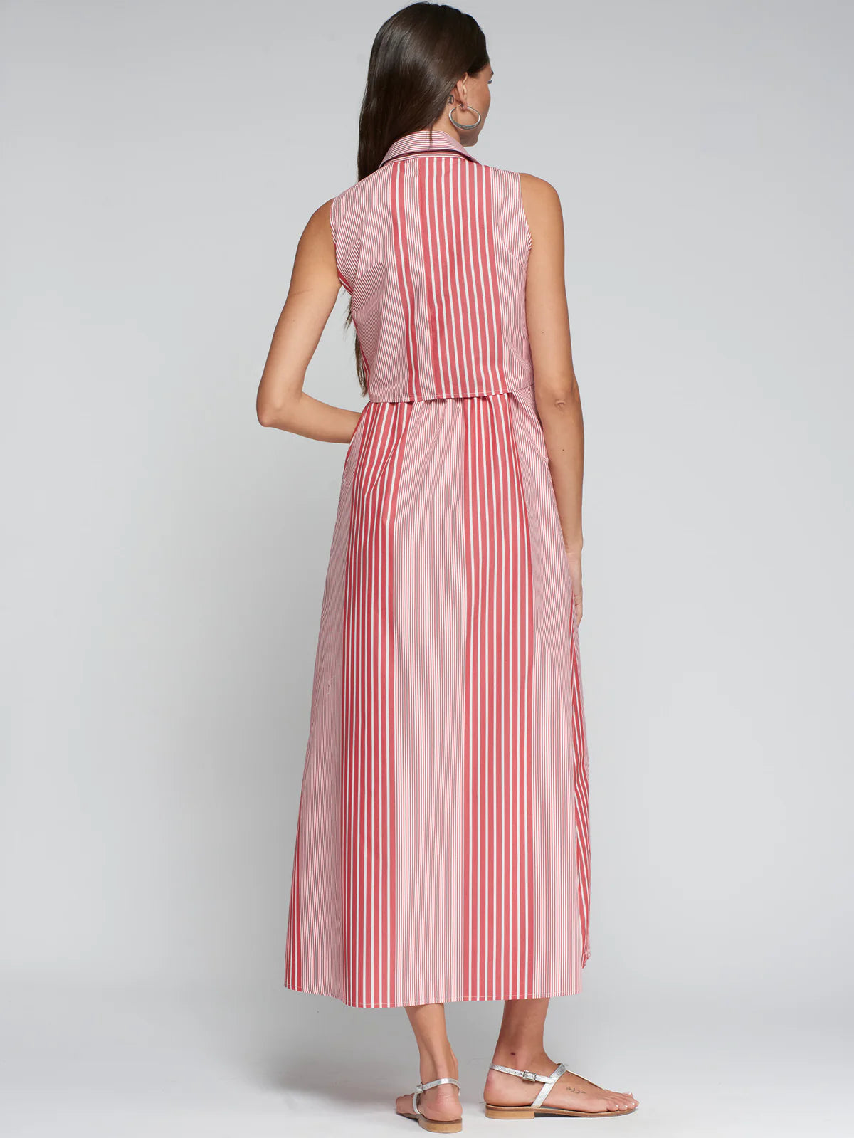 Striped Tie Front Shirt Dress - Red
