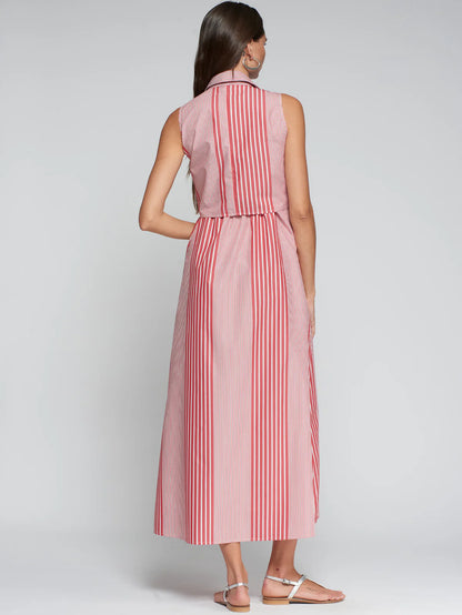 Striped Tie Front Shirt Dress - Red