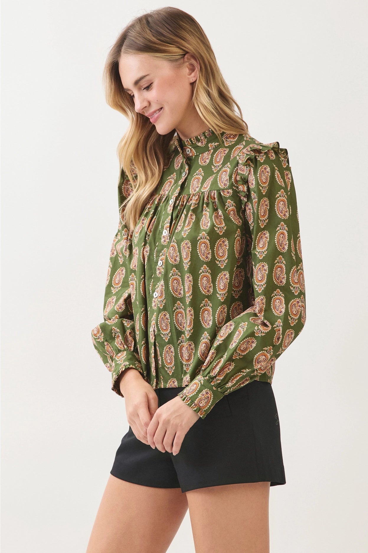 Paisley Print Button Down Shirt - Olive