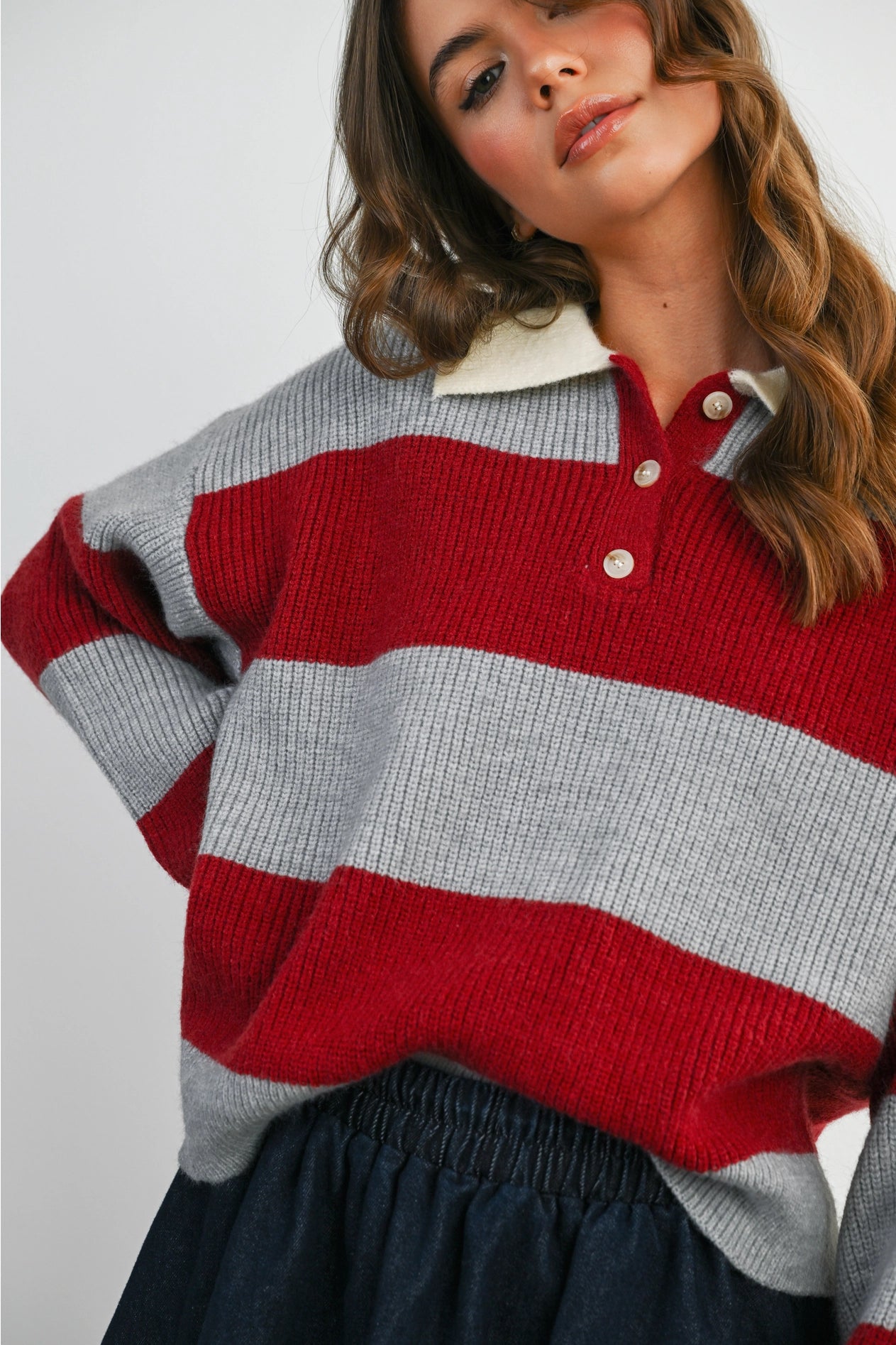 Buttoned Striped Collared Long Sleeve Top - Grey/Burgundy