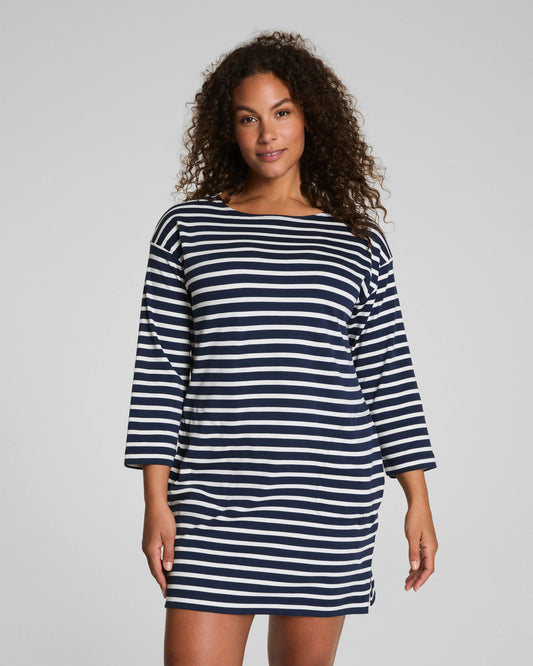 Spanx Cotton Boatneck Mini Dress - Ivory/Timeless Navy