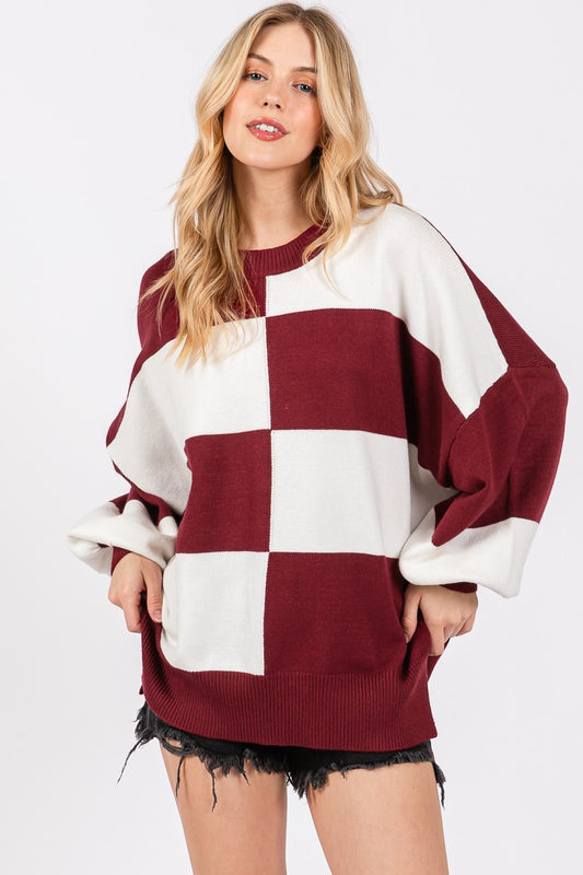 Oversized Checkerboard Sweater - Burgundy/White