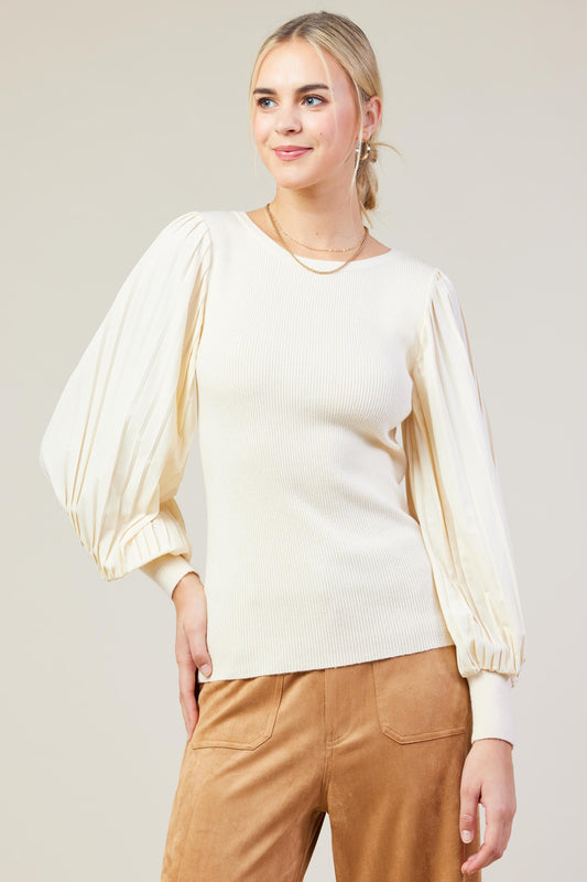 Mixed Media Pleated Long Sleeve Top