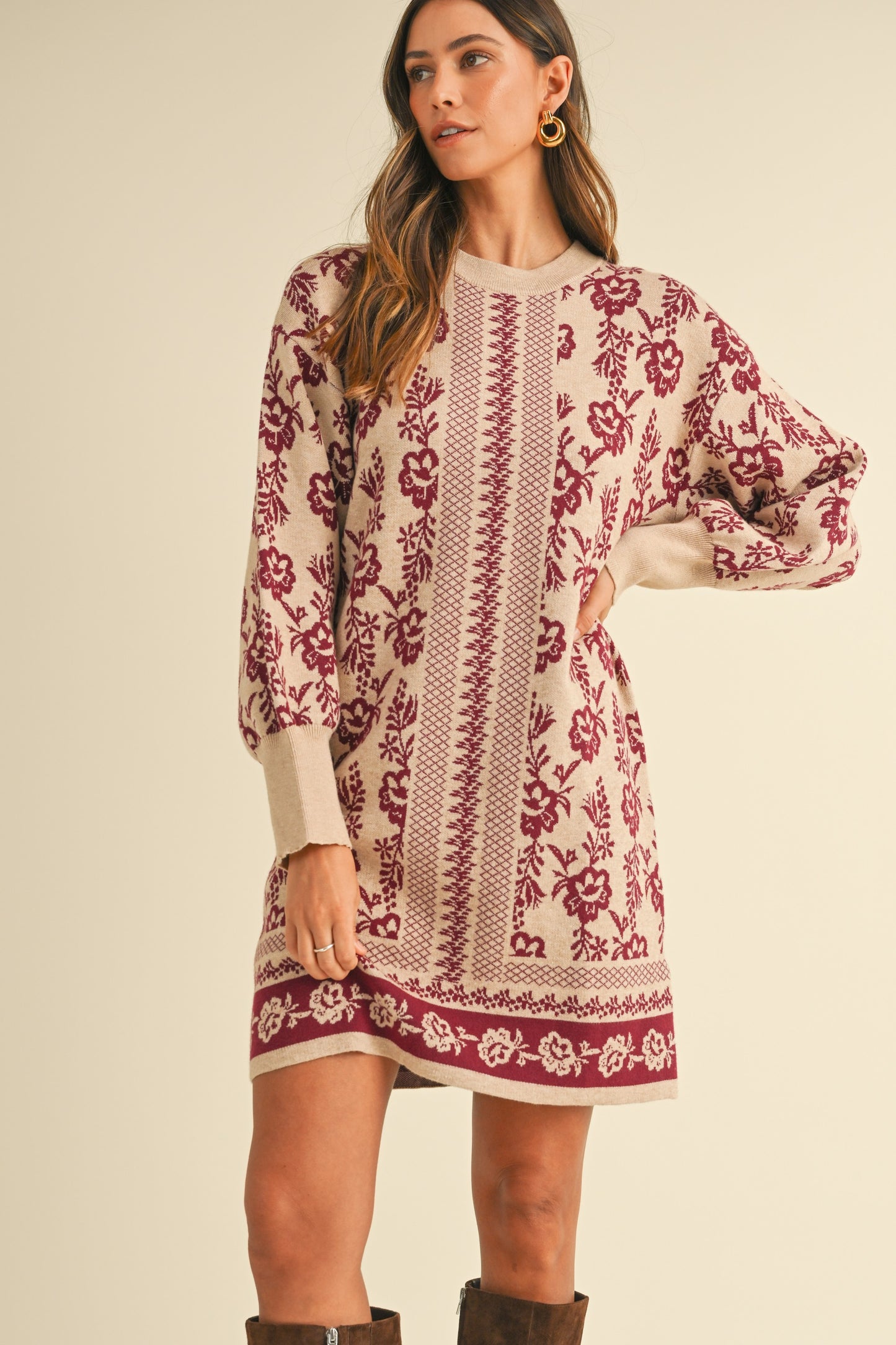 Floral Jacquard Sweater Mini Dress - Oatmeal/Burgundy