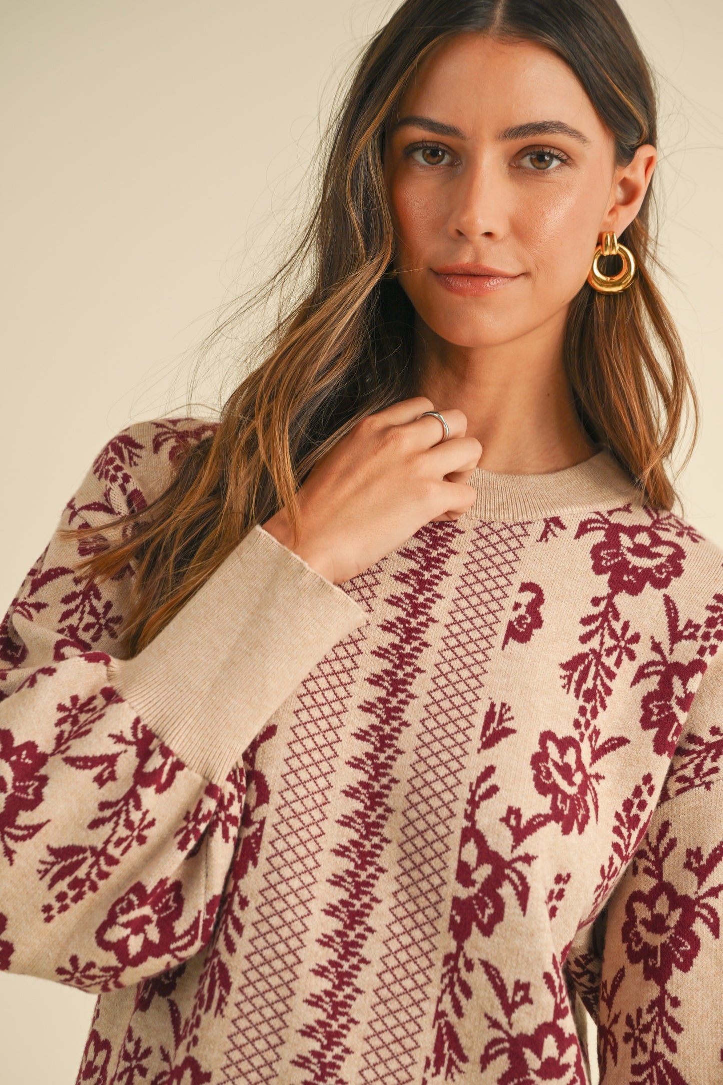 Floral Jacquard Sweater Mini Dress - Oatmeal/Burgundy