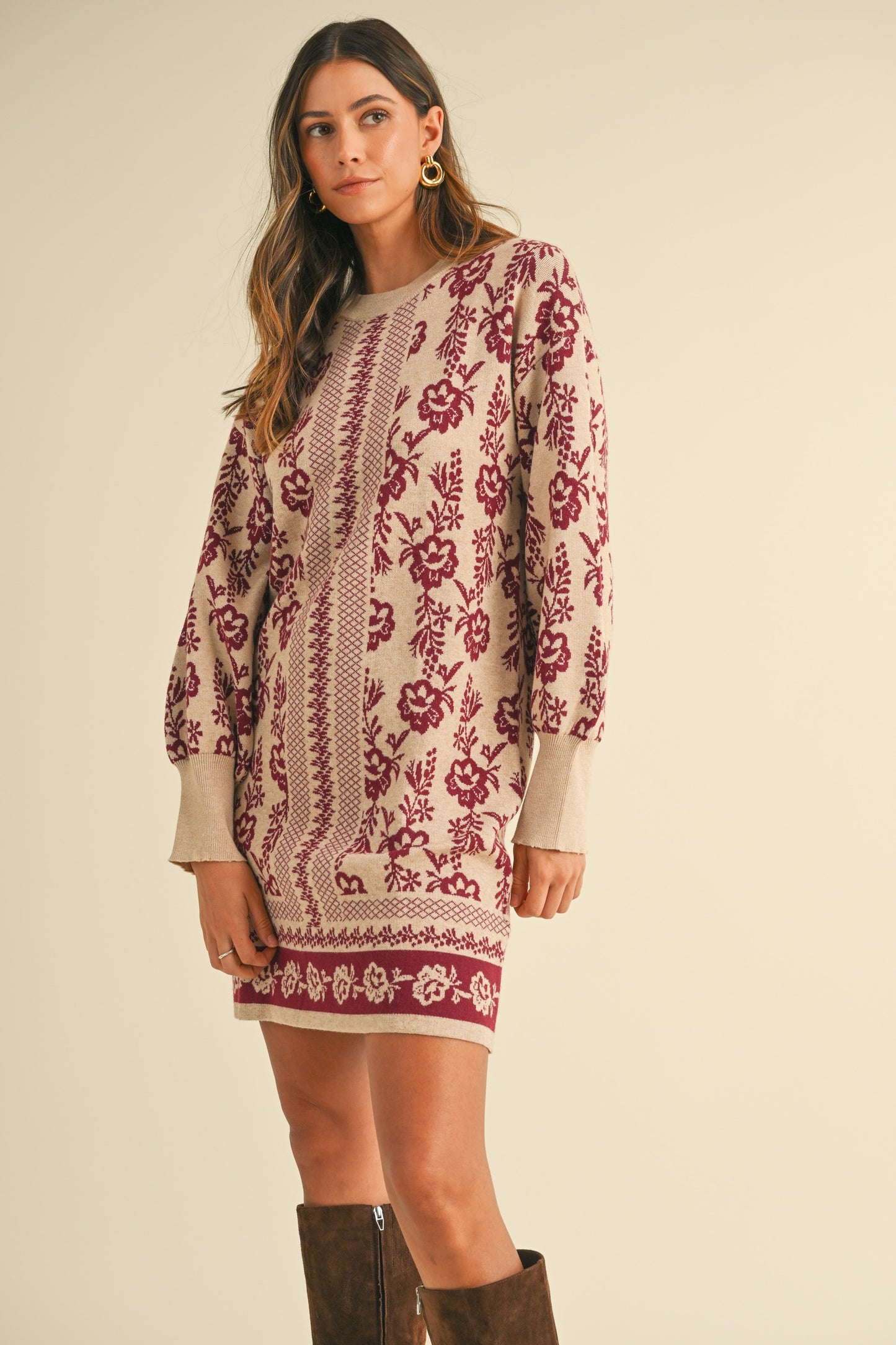 Floral Jacquard Sweater Mini Dress - Oatmeal/Burgundy